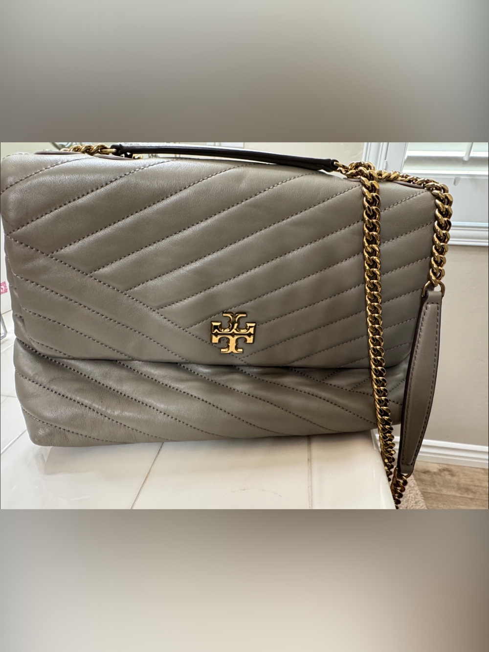 Tory Burch Kira Quilted Chevron Crossbody Bag in Taupe with Gold Hardware